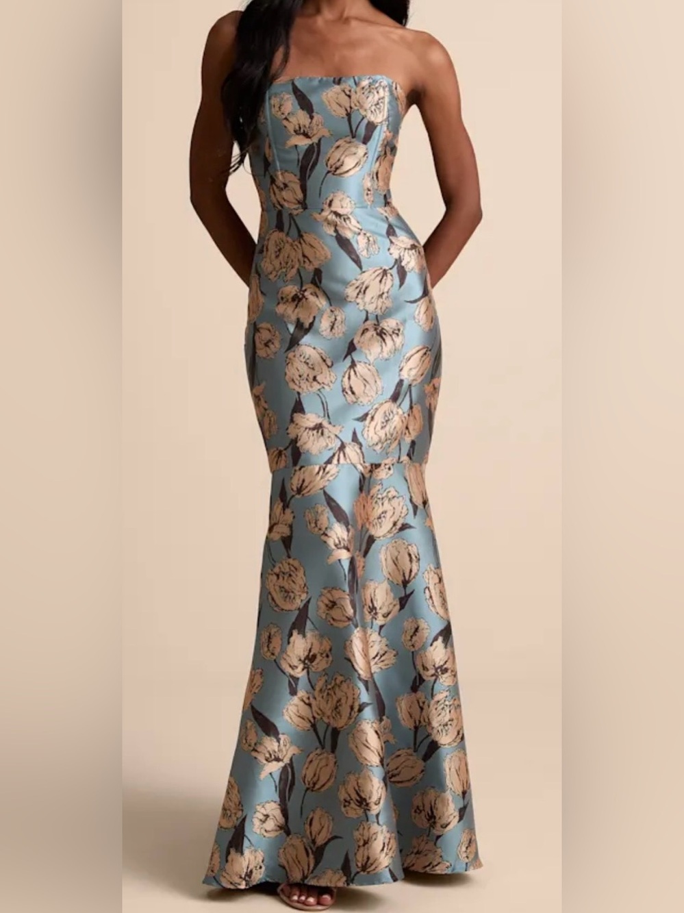 Blue Floral Jacquard soft romantic regency core mermaid fit & flare maxi dress - Picture 8 of 9